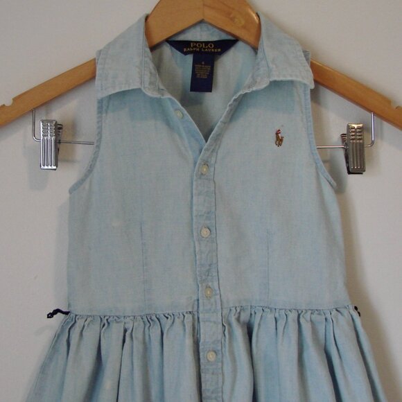 Polo Ralph Lauren Girls Chambray Denim Dress Pony Sleeveless Collar Cotton Siz 6 - Picture 3 of 14